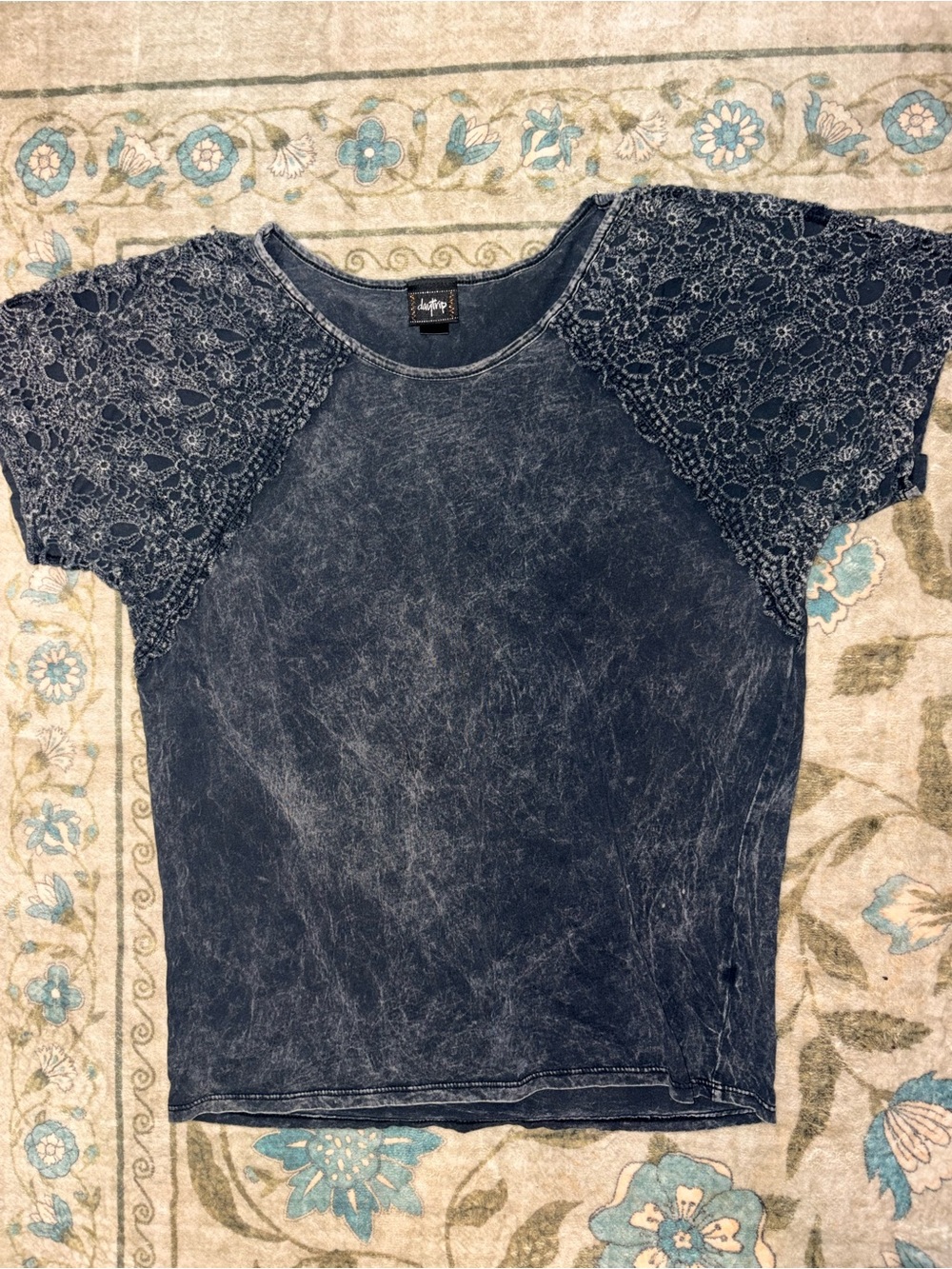 Daytrip Indigo Mineral-Wash Top with Crochet Sleeves